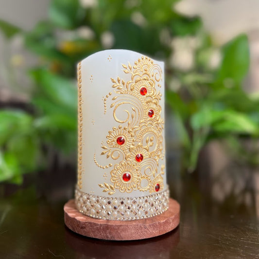 Intricate design red and gold - LED Henna Candle - Ready to Ship
