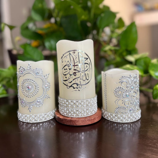 Silver with Clear Rhinestones 3-pack LED Henna Candle Set - Islamic Writing - Ready to Ship