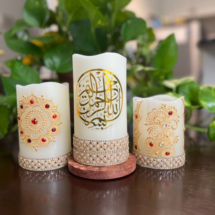 Gold and Red 3-pack LED Henna Candle Set - Islamic Writing - Made to Order
